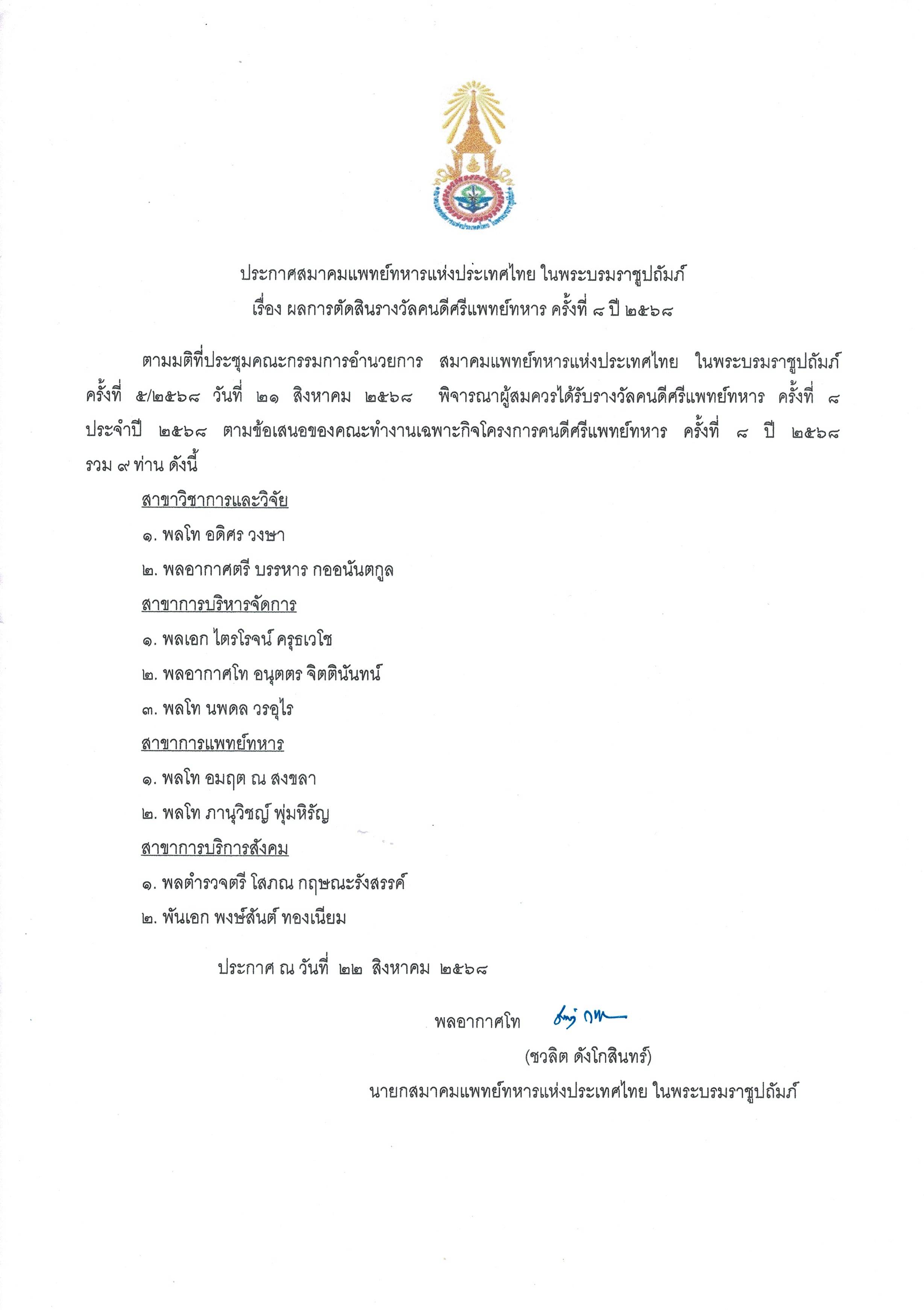 ผลการตัดสินรางวัลคนดีศรีแพทย์ทหาร ครั้งที่ 8 ปี 2568